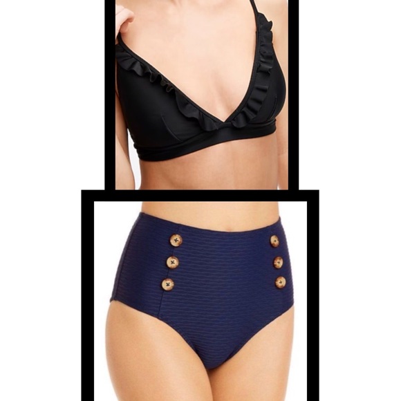 J. Crew & Shoshanna ❉ Nautical Navy Bikini Top & High Waist Bottoms 2pc Swimsuit - Picture 3 of 13